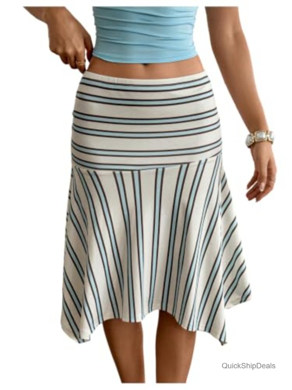 Women's Striped Flowy Midi Skirt Low Waist High Low Hem